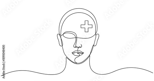 Abstract line art of female face with medical cross symbol on forehead. No editable stroke