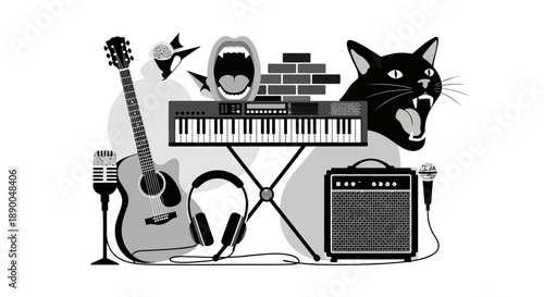 Rock Band Instruments and Performance Elements with Black Cat and Open Mouth