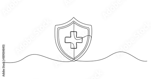 Continuous line drawing of shield with medical cross symbol representing health protection. No editable stroke