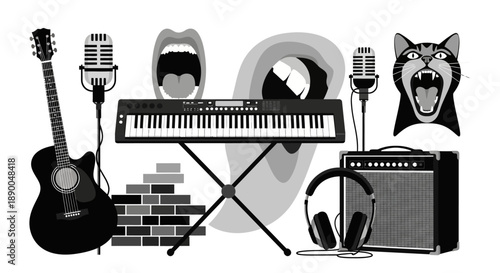 Rock Band Performance with Instruments, Microphones, and Sound Equipment