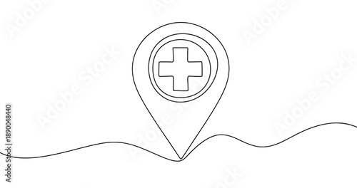 Minimalist medical location icon with cross in pin design. No editable stroke
