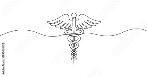 Minimalist caduceus symbol in black and white line art. No editable stroke