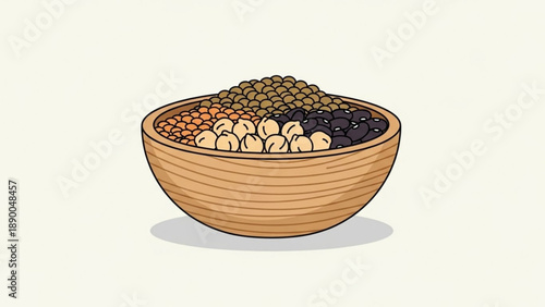 Variety of legumes in a wooden bowl including chickpeas black beans and brown lentils healthy food concept