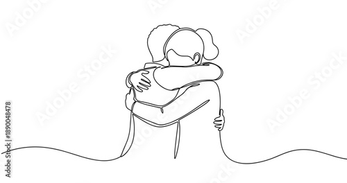 Continuous line drawing of two adults embracing. No editable stroke