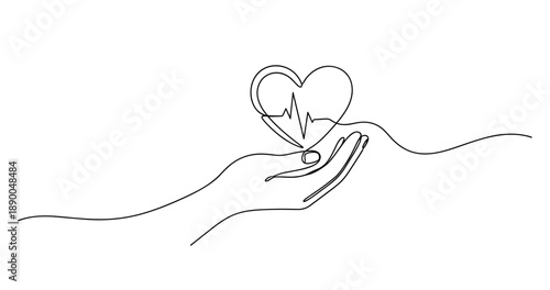 Minimalist continuous line art: hand holding heart with cardiogram. No editable stroke