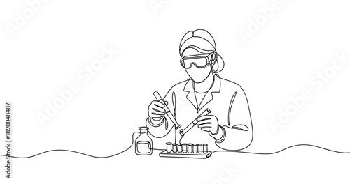 Female scientist conducting laboratory experiment with test tubes. No editable stroke