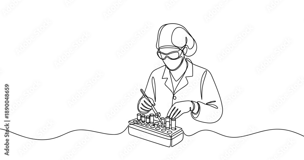 Fototapeta premium Line art of female scientist handling test tubes in a laboratory setting. No editable stroke