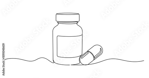 Minimalist line art of medicine bottle and capsule on white background. No editable stroke