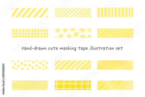 黄色の手描き風でかわいいマスキングテープのベクターイラストセット	