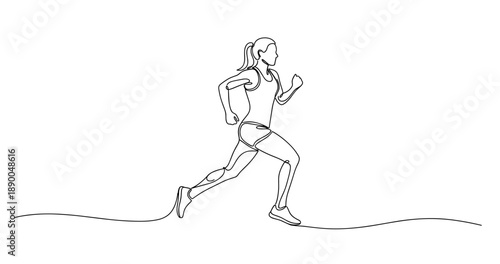 Continuous line drawing of young female runner in motion. No editable stroke