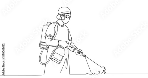 Line art of male worker spraying disinfectant with protective gear. No editable stroke