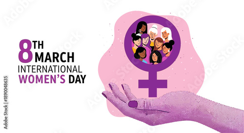 International Women's Day 8th March Celebration with Diverse Women Symbol