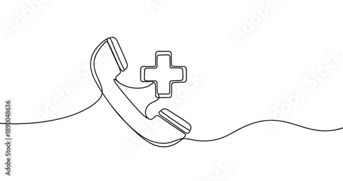 Continuous line art of telephone with medical cross symbol. No editable stroke