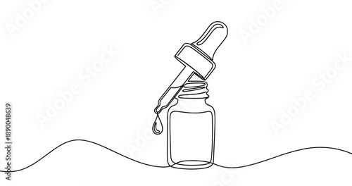 Minimalist line art of dropper bottle with liquid drip. No editable stroke