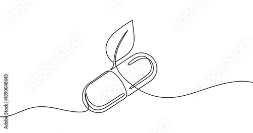 Minimalist line art of capsule with leaf symbolizing natural medicine. No editable stroke