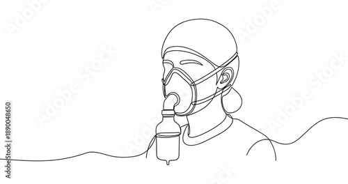 Line art of medical professional with respirator mask and iv drip equipment. No editable stroke