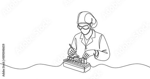 Line art of female scientist handling test tubes in a laboratory setting. No editable stroke