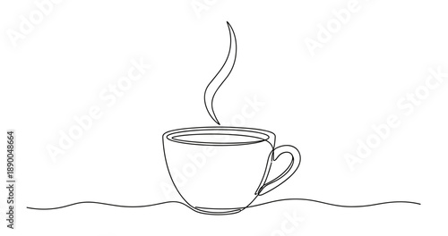 Simple black and white line drawing of a steaming coffee cup. No editable stroke
