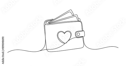 Continuous line drawing of a heart-adorned wallet. No editable stroke