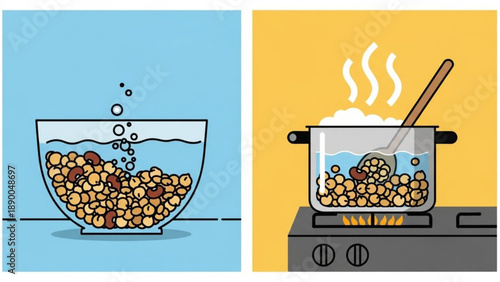 Coffee beans soaking in water in a bowl and boiling in a pot on a stove for brewing