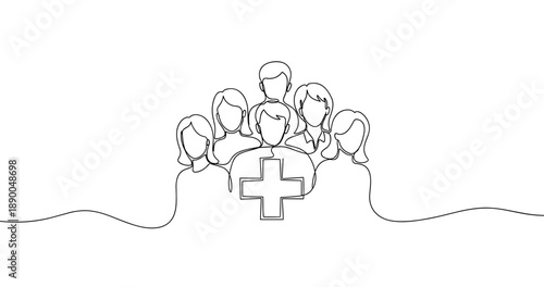 Healthcare team unity illustration with six people and medical symbol in continuous line art. No editable stroke