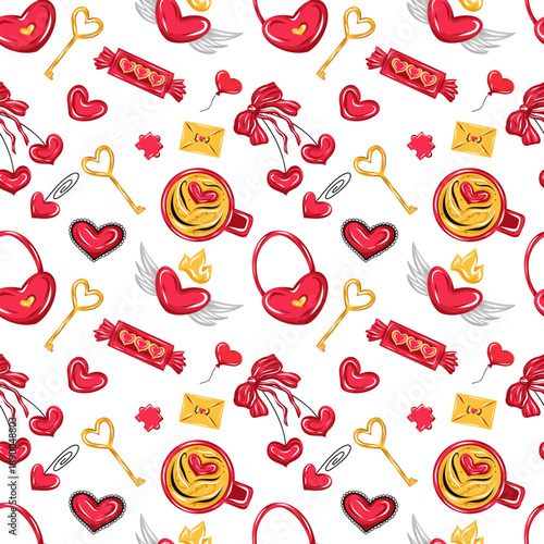 Valentine's Day seamless vector pattern with cute red hearts, keys, candies, coffee cups, cherry, envelopes, hearts and wings. Good for cute beautiful for wrapping, decor, stationery, gifts