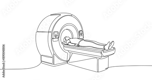Line art of female undergoing mri scan in medical setting. No editable stroke