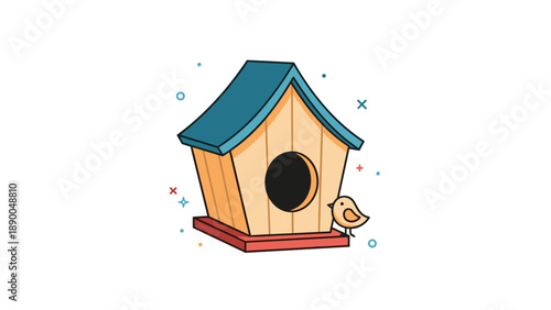 Charming birdhouse illustration with a small orange bird sitting on a ledge surrounded by colorful festive confetti.