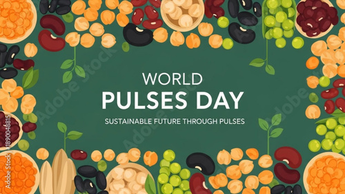 World pulses day poster with colorful legumes and grains on green background for sustainable future