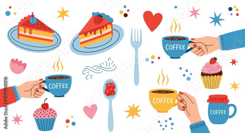 Assorted Desserts and Coffee Break Elements, Flat Illustration Style