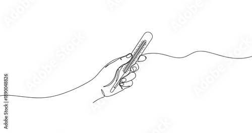 Continuous line art of hand holding thermometer with minimalist design. No editable stroke
