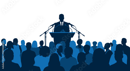 Silhouette of Speaker at Podium Addressing Crowd of People, Political Speech Concept
