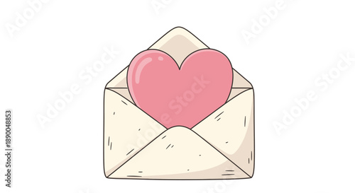 Cute pink heart peeking out of a creamy beige envelope, love letter concept