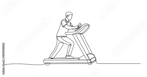 Continuous line drawing of young caucasian male running on treadmill. No editable stroke