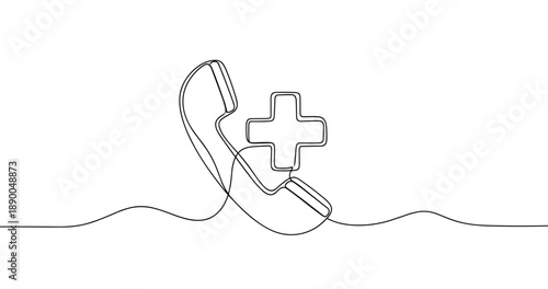 Continuous line drawing of telephone with medical cross symbol for healthcare support. No editable stroke