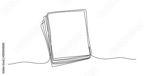 Minimalist continuous line drawing of a stack of papers on white background. No editable stroke