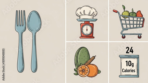 Healthy eating icons with utensils fruits and nutrition facts for diet and wellness concepts