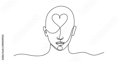 Minimalist continuous line art of human face with heart shape. No editable stroke
