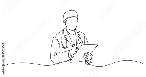 Outline of male doctor with clipboard and stethoscope. No editable stroke