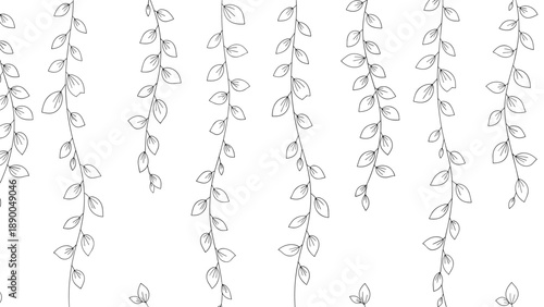 Seamless pattern of delicate hanging leaf vines in a simple black and white line art style for elegant background design.