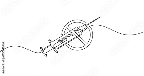 Anti-vaccine symbol with syringe and prohibition sign line art. No editable stroke