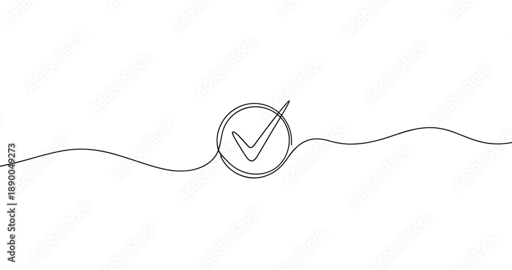 Obraz premium Continuous line art with checkmark symbol on white background for minimalist design. No editable stroke