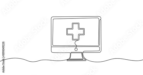 Continuous line drawing of computer monitor with medical cross symbol. No editable stroke