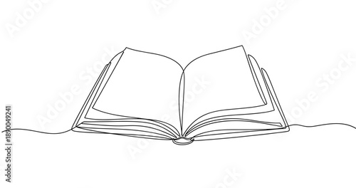 Continuous line drawing of an open book with curved pages. No editable stroke