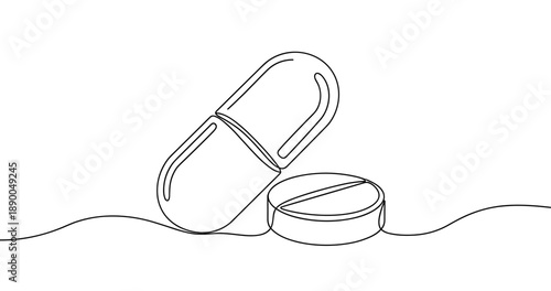 Minimalist line art of capsule and tablet on white background. No editable stroke