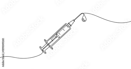 Minimalist line art of syringe with dripping liquid. No editable stroke