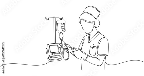 Female nurse adjusting iv drip line art illustration. No editable stroke