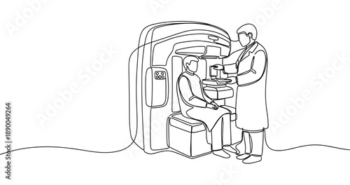 Mri examination scene with doctor and patient in continuous line art style. No editable stroke