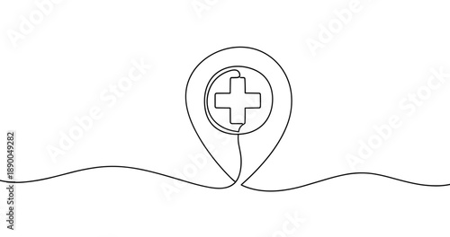Continuous line drawing of medical location pin with cross symbol. No editable stroke