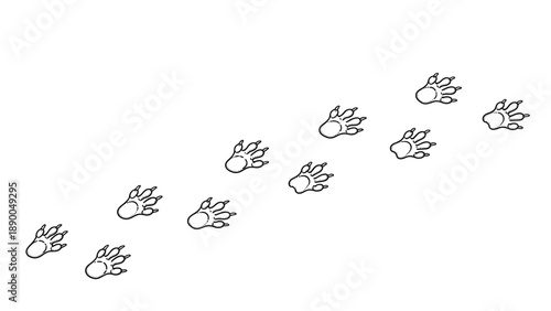 Row of small animal paw prints or footprints walking across a white background in a simple black and white line style.